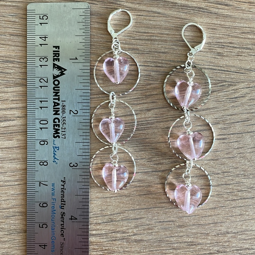 HAND CRAFTED EARRINGS Pink Hearts Silver Rings Drop Dangle Valentine’s Day - Picture 7 of 12